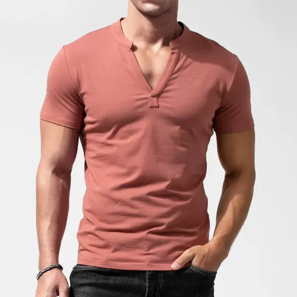 Men's Casual Deep V-neck Slim Short-sleeved T-shirt Pure Cotton Solid Color Stretch Tight Top - Spiretime.com 