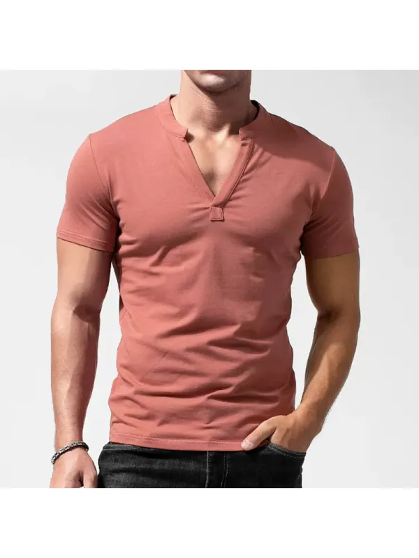 Men's Casual Deep V-neck Slim Short-sleeved T-shirt Pure Cotton Solid Color Stretch Tight Top - Ootdmw.com 