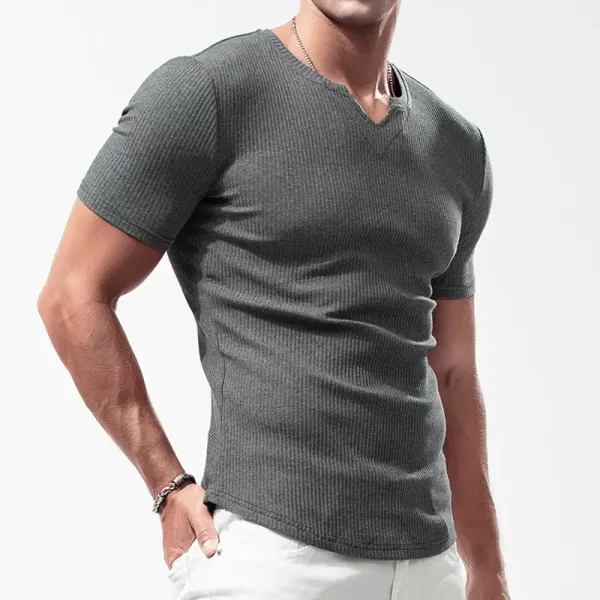 Men's Casual Ribbed Short Sleeve T-Shirt Breathable Stretch Tight Slim Top - Spiretime.com 