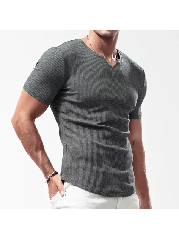 Men's Casual Ribbed Short Sleeve T-Shirt Breathable Stretch Tight Slim Top - Ootdmw.com 