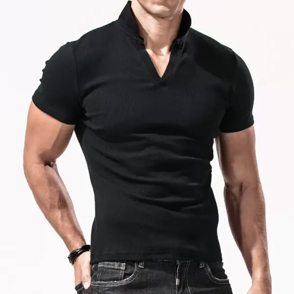 Men's Casual Ribbed Short Sleeve T-Shirt Breathable Stretch Tight Slim Top - Ootdyouth.com 