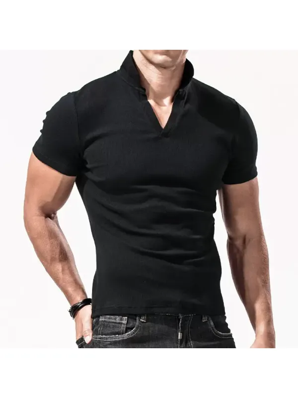 Men's Casual Ribbed Short Sleeve T-Shirt Breathable Stretch Tight Slim Top - Timetomy.com 