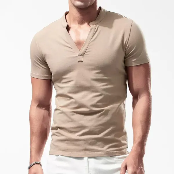 Men's Casual Deep V-neck Slim Short-sleeved T-shirt Pure Cotton Solid Color Stretch Tight Top - Ootdyouth.com 