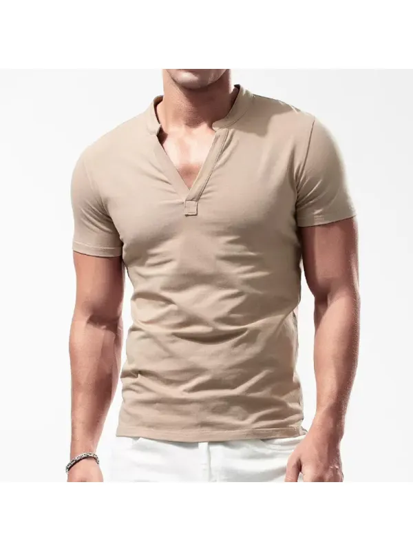 Men's Casual Deep V-neck Slim Short-sleeved T-shirt Pure Cotton Solid Color Stretch Tight Top - Anrider.com 