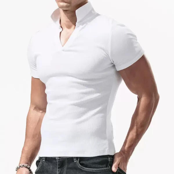 Men's Casual Ribbed Short Sleeve T-Shirt Breathable Stretch Tight Slim Top - Ootdyouth.com 