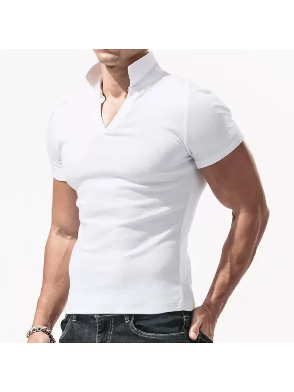 Men's Casual Ribbed Short Sleeve T-Shirt Breathable Stretch Tight Slim Top - Timetomy.com 