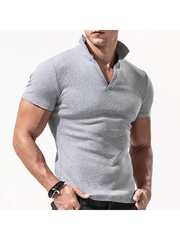 Men's Casual Ribbed Short Sleeve T-Shirt Breathable Stretch Tight Slim Top - Anrider.com 