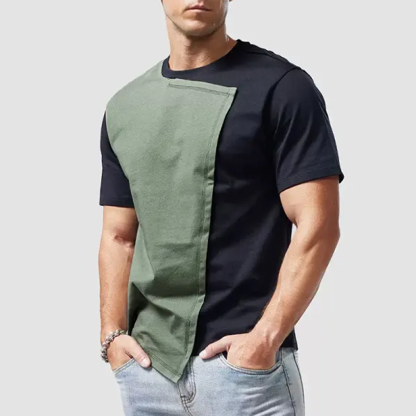 Men's Casual Personality Irregular Short-sleeved T-shirt Men's Pure Cotton Stitching Contrasting Color Asymmetric Top - Spiretime.com 