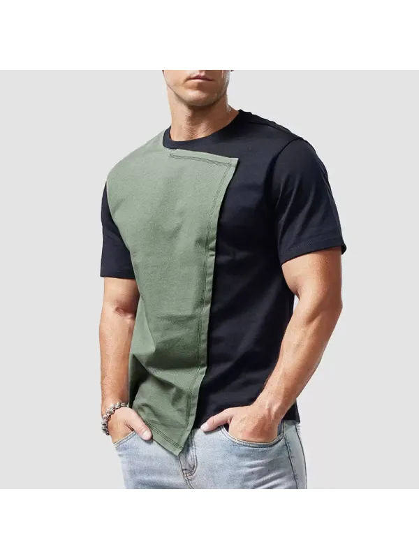 Men's Casual Personality Irregular Short-sleeved T-shirt Men's Pure Cotton Stitching Contrasting Color Asymmetric Top - Ootdmw.com 