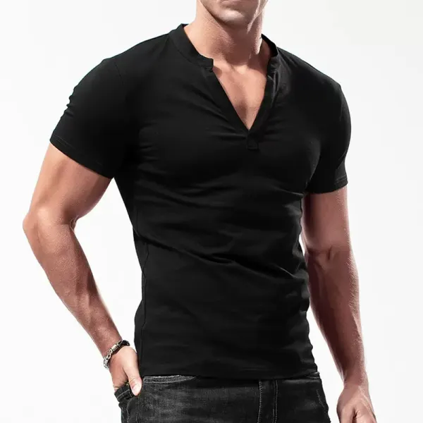 Men's Casual Deep V-neck Slim Short-sleeved T-shirt Pure Cotton Solid Color Stretch Tight Top - Ootdyouth.com 