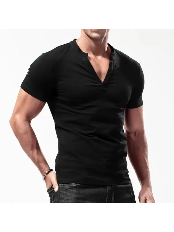 Men's Casual Deep V-neck Slim Short-sleeved T-shirt Pure Cotton Solid Color Stretch Tight Top - Timetomy.com 