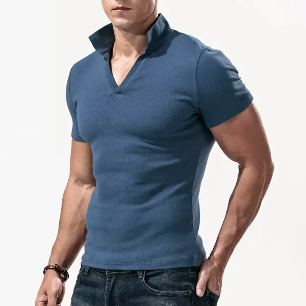 Men's Casual Ribbed Short Sleeve T-Shirt Breathable Stretch Tight Slim Top - Ootdyouth.com 