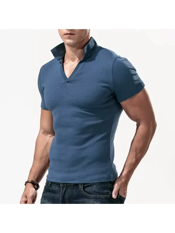 Men's Casual Ribbed Short Sleeve T-Shirt Breathable Stretch Tight Slim Top - Ootdmw.com 