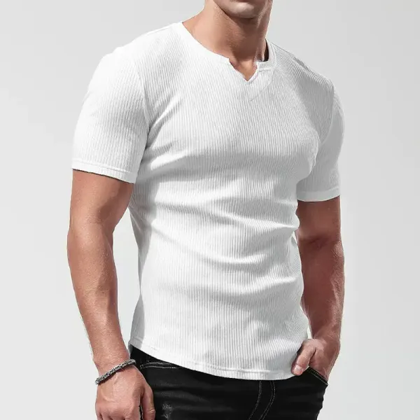 Men's Casual Deep V-neck Slim Short-sleeved T-shirt Pure Cotton Solid Color Stretch Tight Top - Ootdyouth.com 