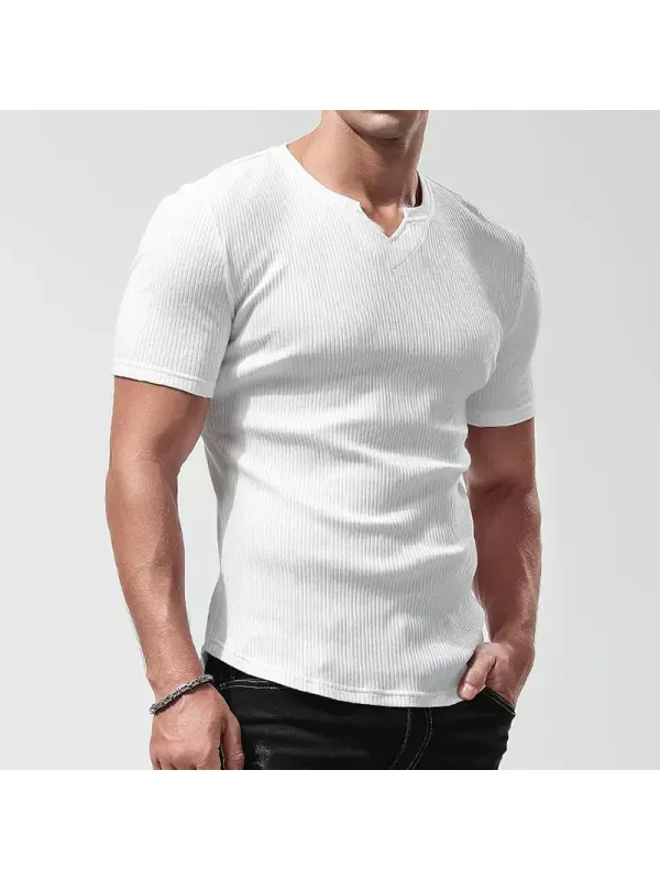 Men's Casual Deep V-neck Slim Short-sleeved T-shirt Pure Cotton Solid Color Stretch Tight Top - Anrider.com 