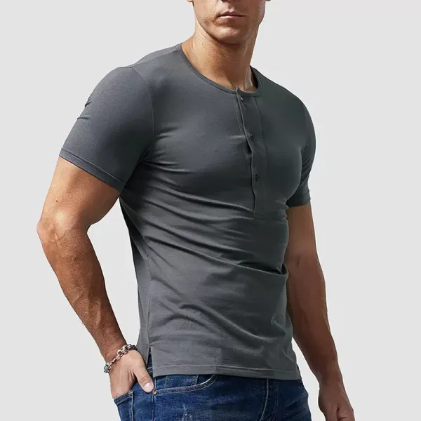 Men's Casual Retro Henley Neck Short Sleeve T-Shirt Men's Skinny Slim Top - Ootdyouth.com 