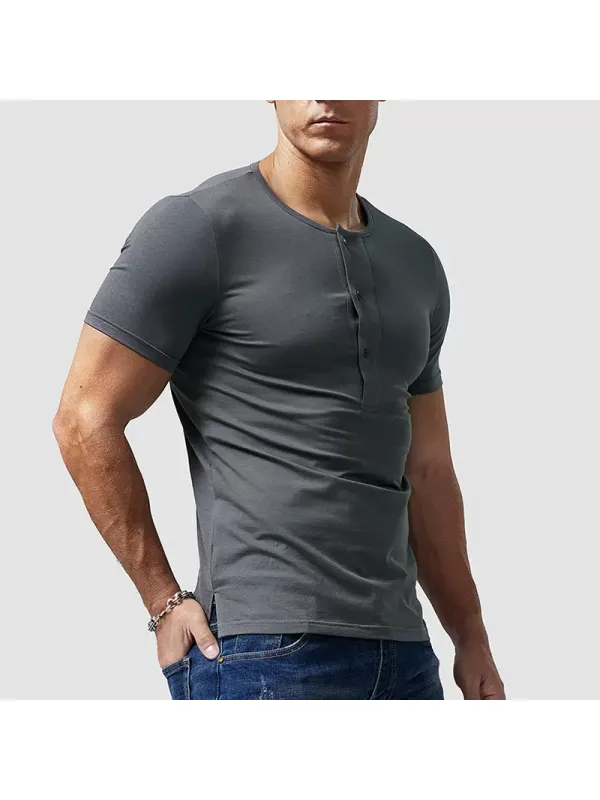 Men's Casual Retro Henley Neck Short Sleeve T-Shirt Men's Skinny Slim Top - Anrider.com 