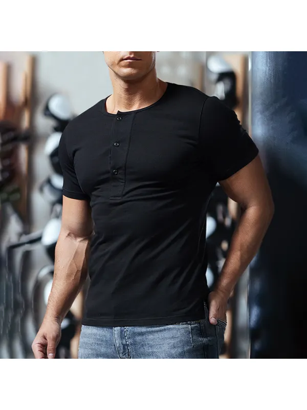 Men's Casual Retro Henley Neck Short Sleeve T-Shirt Men's Skinny Slim Top - Timetomy.com 