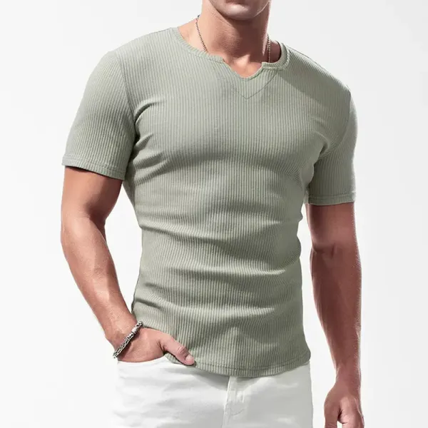 Men's Casual Ribbed Short Sleeve T-Shirt Breathable Stretch Tight Slim Top - Ootdyouth.com 