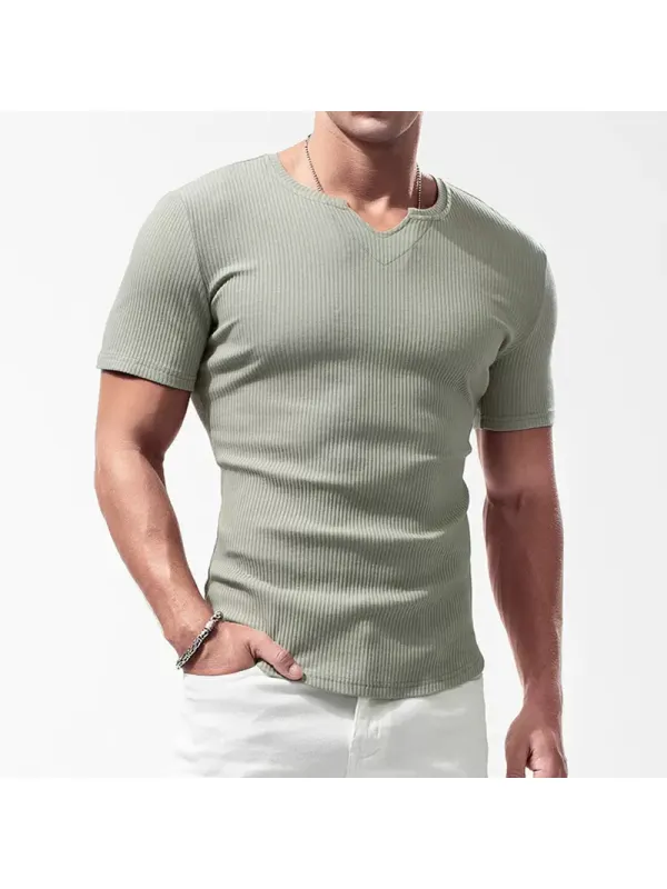 Men's Casual Ribbed Short Sleeve T-Shirt Breathable Stretch Tight Slim Top - Ootdmw.com 