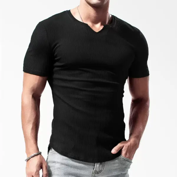 Men's Casual Ribbed Short Sleeve T-Shirt Breathable Stretch Tight Slim Top - Ootdyouth.com 