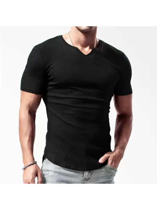 Men's Casual Ribbed Short Sleeve T-Shirt Breathable Stretch Tight Slim Top - Anrider.com 