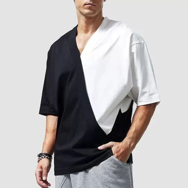 Men's Casual Retro Short-sleeved T-shirt Men's Cotton V-neck Color Block Top - Ootdyouth.com 