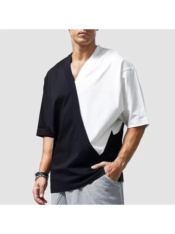 Men's Casual Retro Short-sleeved T-shirt Men's Cotton V-neck Color Block Top - Timetomy.com 