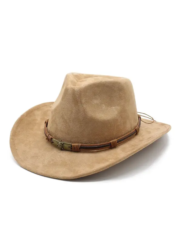 Men Women's Retro Yellowstone Suede Warped Western Cowboy Hat Rolled Brim Ethnic Style Felt Hat - Localziv.com 