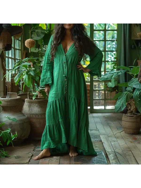 Women's Linen Retro Ethnic Style Oversized Comfortable Breathable Dress Holiday Comfortable Casual Long Shirt Dress - Viewbena.com 