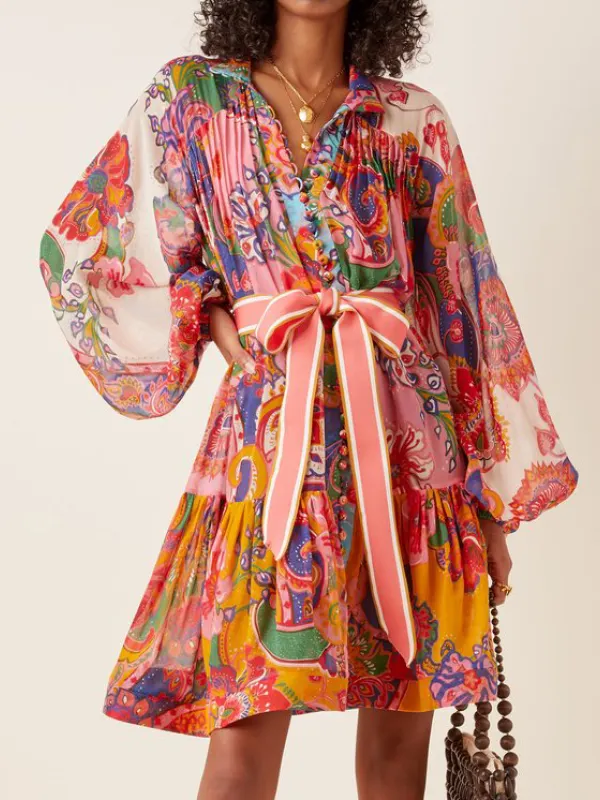 Fashion Long Sleeve Printed Mini Dress - Sunshinetip.com 