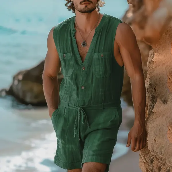 Men's Simple Breathable And Comfortable Sleeveless Linen Summer Jumpsuit - Yiyistories.com 