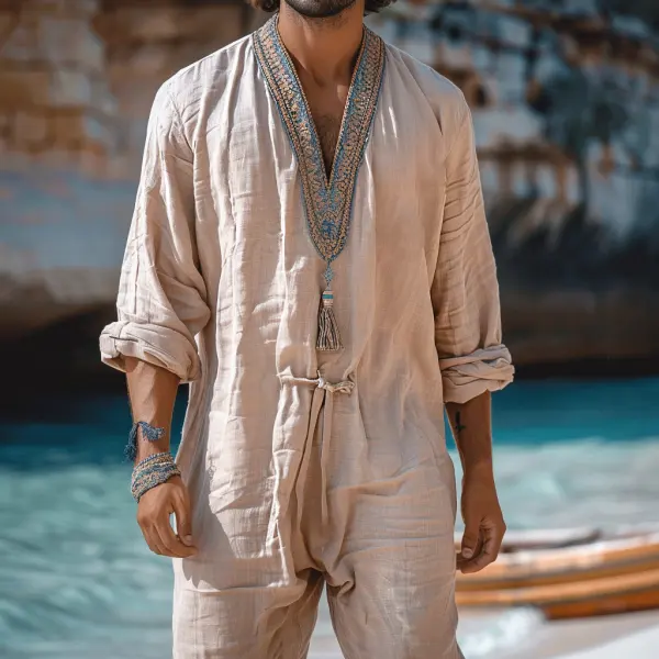 Men's Holiday Linen V-neck Harem Jumpsuit Shorts - Yiyistories.com 