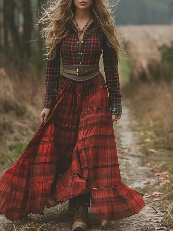 Retro V-neck Plaid Women's Long-sleeved Long Skirt Country Pastoral Retro Dress - Menwyx.com 