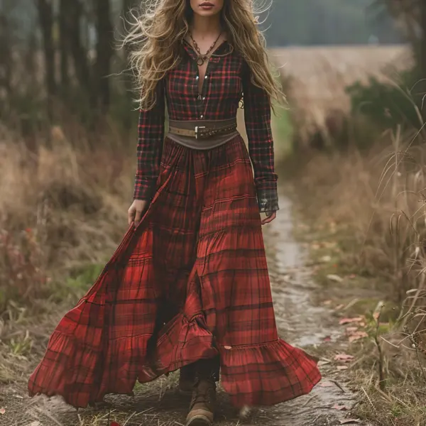 Retro V-neck Plaid Women's Long-sleeved Long Skirt Country Pastoral Retro Dress - Ootdyouth.com 