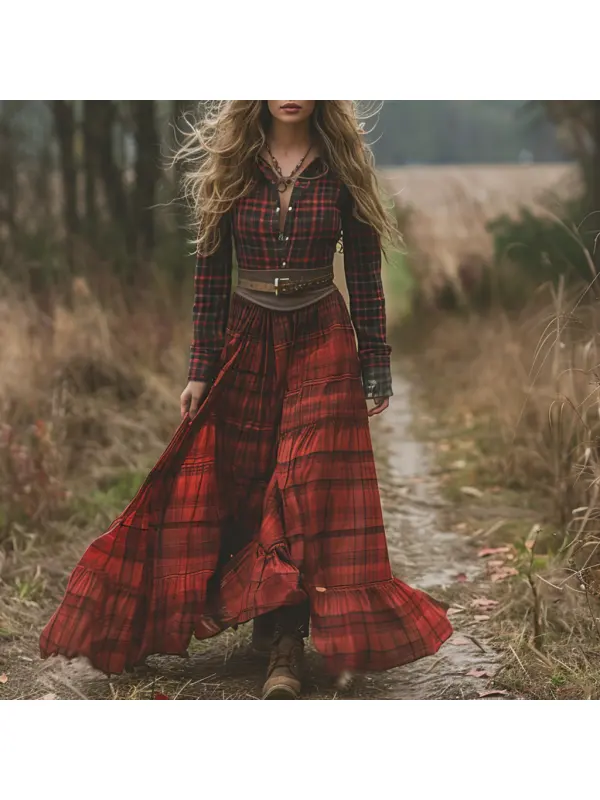 Retro V-neck Plaid Women's Long-sleeved Long Skirt Country Pastoral Retro Dress - Realyiyishop.com 