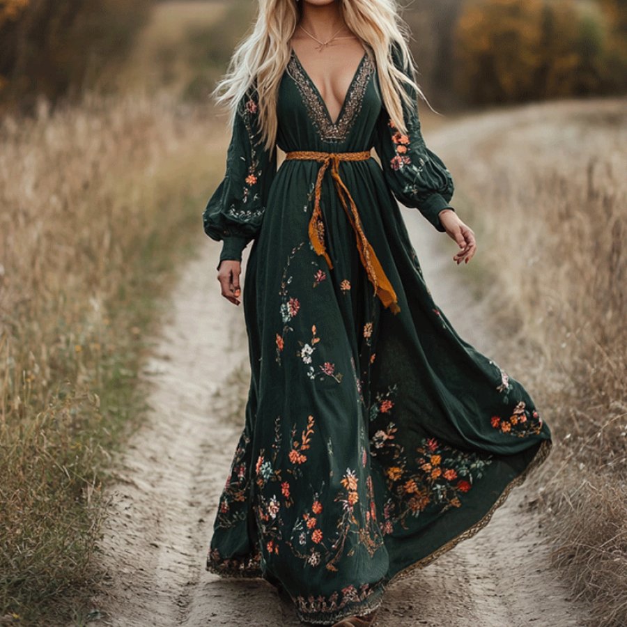 

Elegant Bohemian Style Floral Print Bishop Sleeve Dress