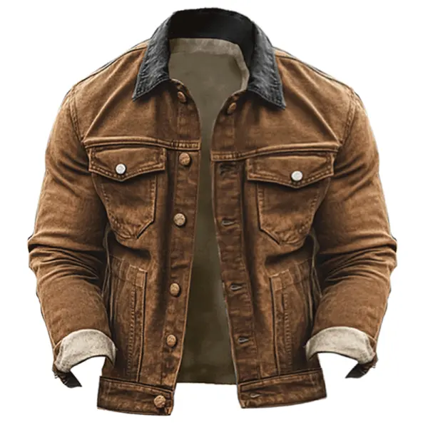 Men's Vintage Distressed Corduroy Splicing Contrasting Colors Jacket - Dozenlive.com 