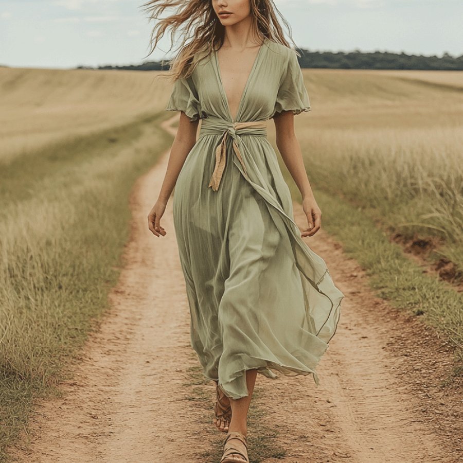 

Women's V-neck Elegant Chiffon Short Sleeve Dress