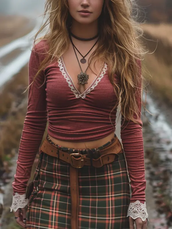 Women's Short V-neck Sexy Long-sleeved Knitted T-shirt - Simplyion.com 