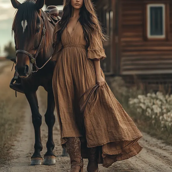 Women's Boho V Neck Country Maxi Linen Dress In Sand - Wayrates.com 