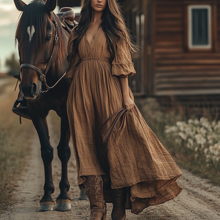 

Women's Boho V Neck Country Maxi Linen Dress In Sand