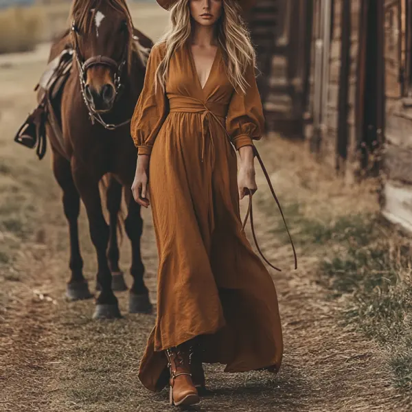 Women's Boho V Neck Long Sleeve Country Maxi Belt Dress Orange - Menzfolk.com 