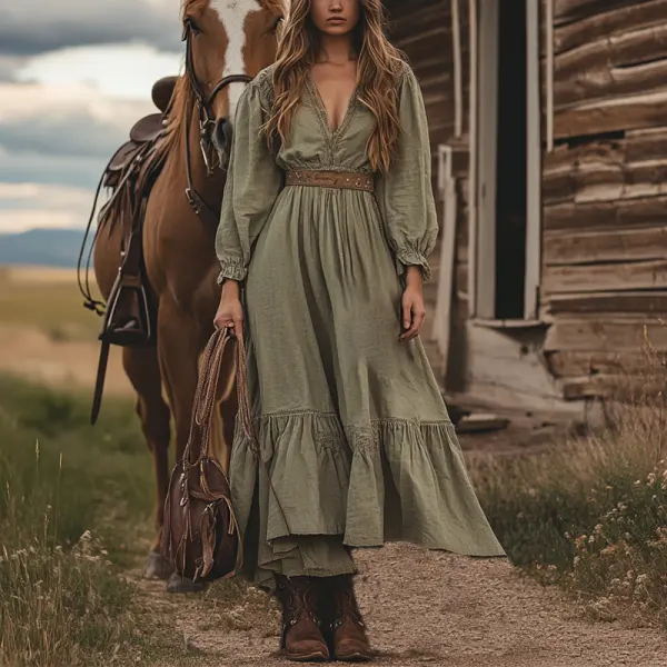 Women's Vintage Boho V Neck Long Sleeve Ruffle Country Maxi Dress Military Green - Wayrates.com 