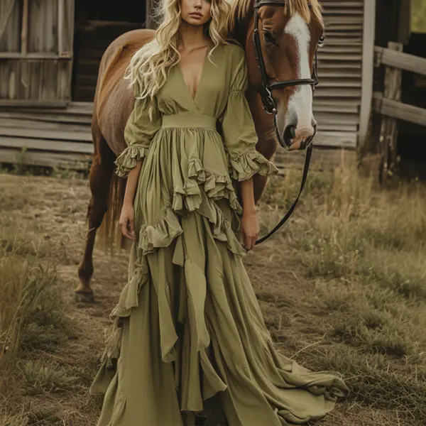 Women's Boho V Neck Long Sleeve Ruffle Country Maxi Dress Grass Green - Menzfolk.com 