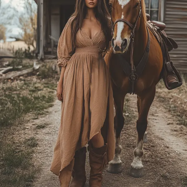 Women's Boho V Neck Ruffle Country Maxi Dress In Sand - Elementnice.com 