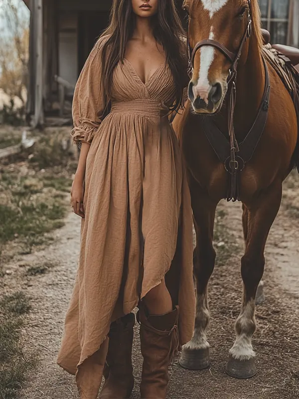 Women's Boho V Neck Ruffle Country Maxi Dress In Sand - Menwyx.com 