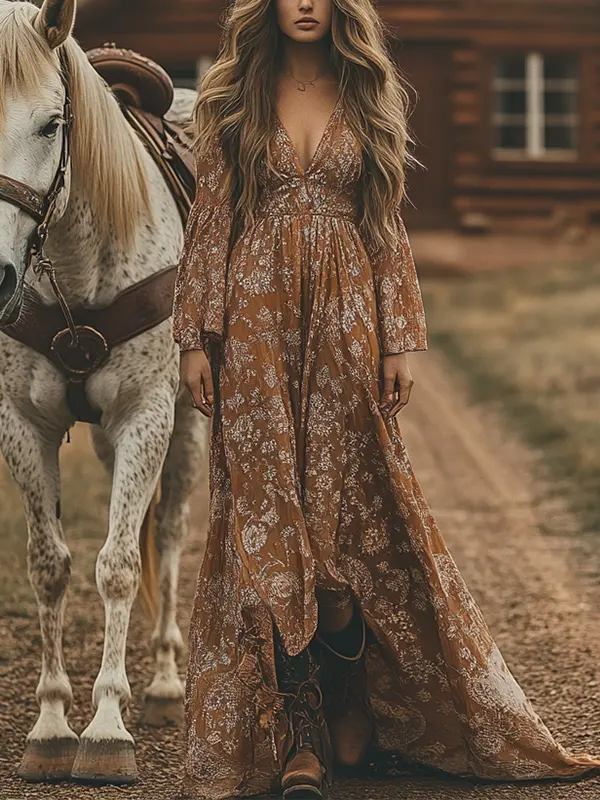 Women's Boho V Neck Print Country Maxi Dress - Menwyx.com 