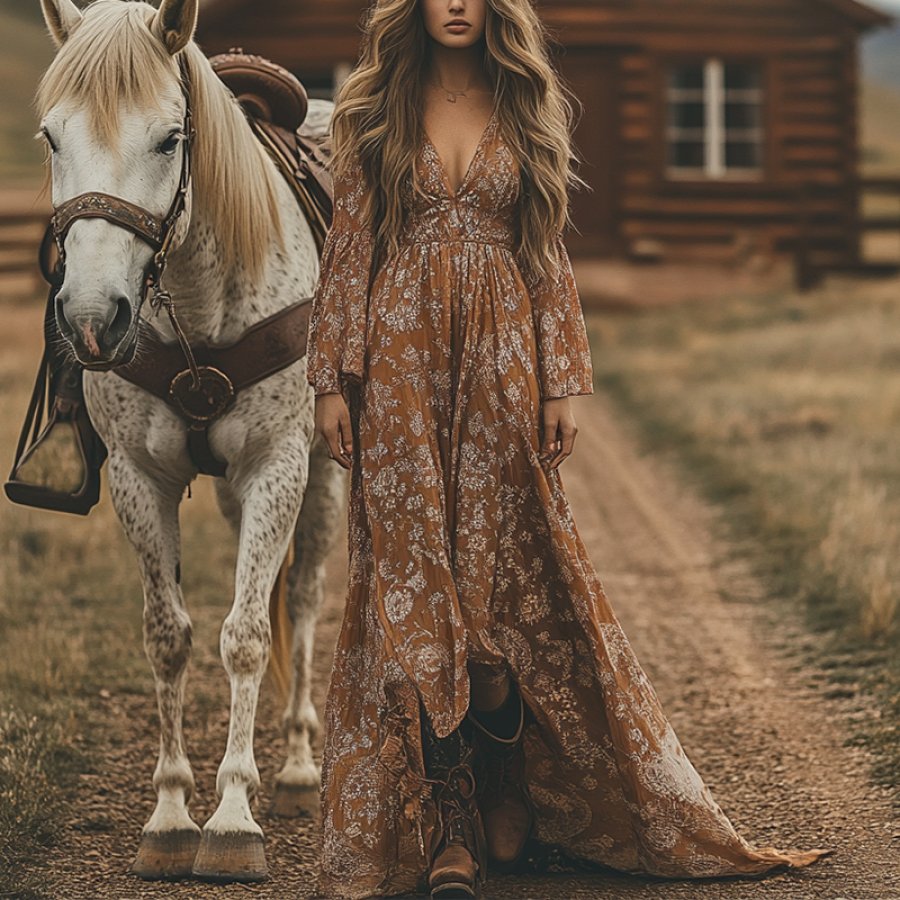 

Women's Boho V Neck Print Country Maxi Dress