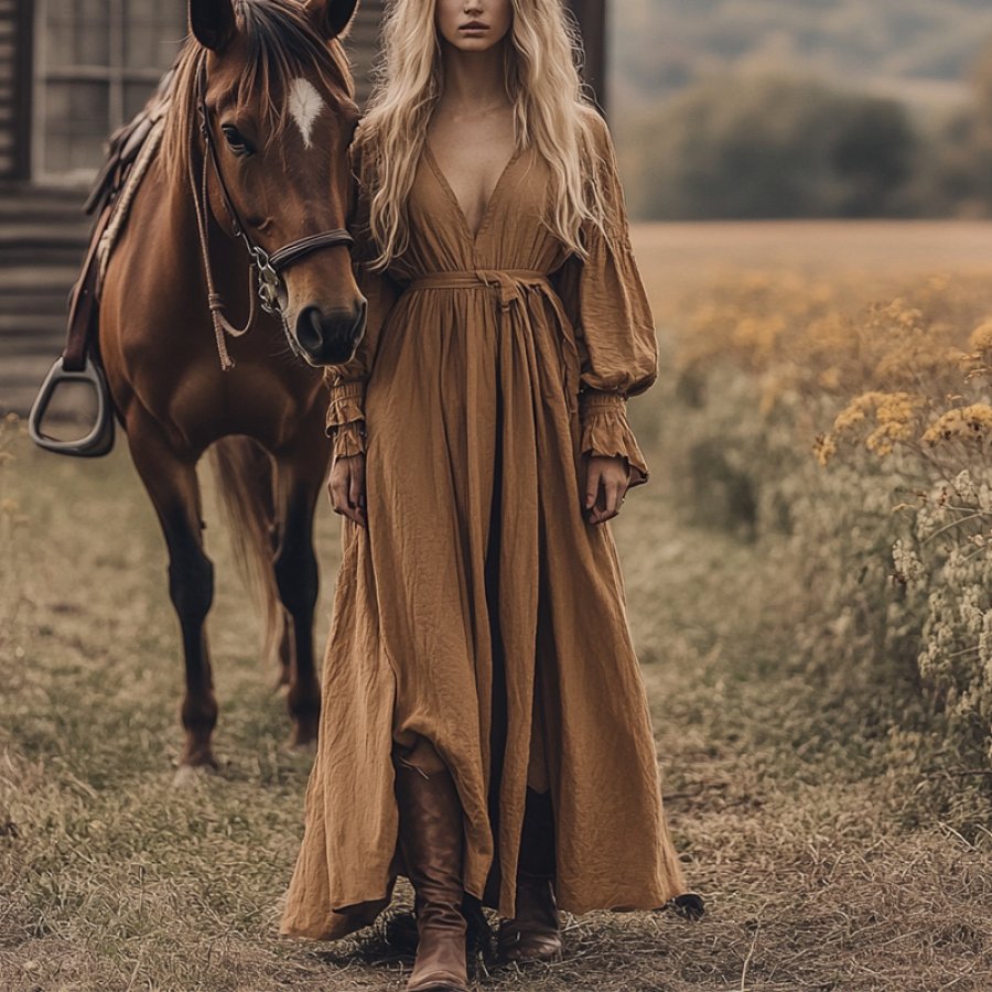 

Women's Vintage V Neck Long Sleeve Ruffle Country Maxi Dress In Sand A Short Puffy Sleeves